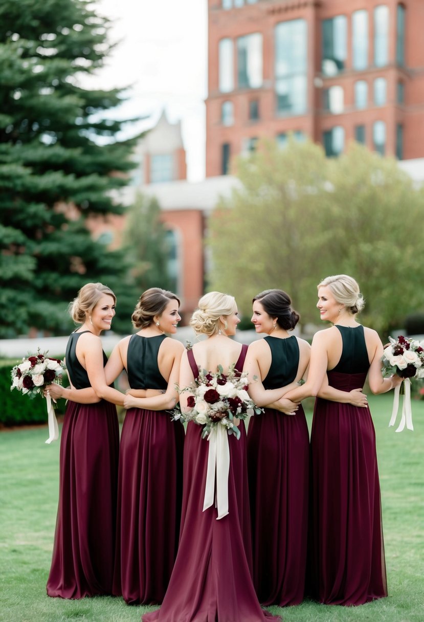 Chic maroon bridesmaid dresses with black accents in a wedding setting