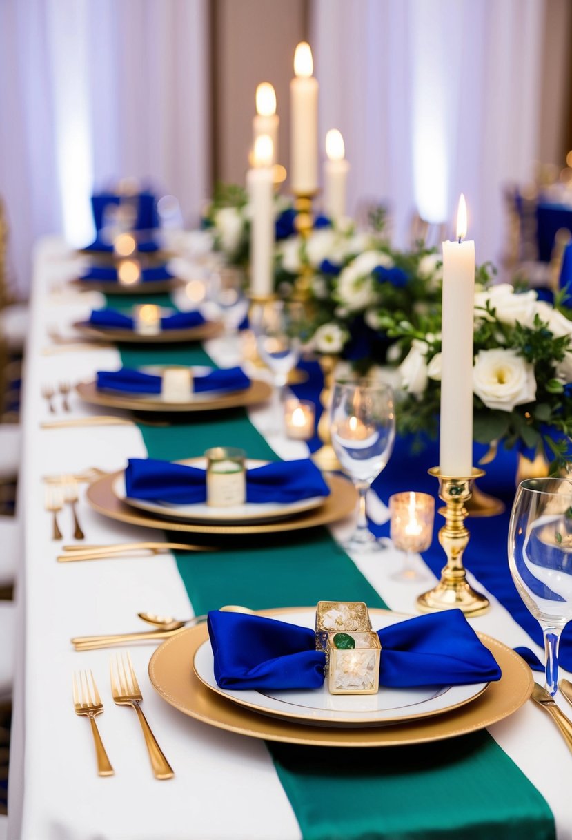 A regal wedding table set with royal blue and emerald green accents, featuring gold cutlery, candle holders, and floral arrangements