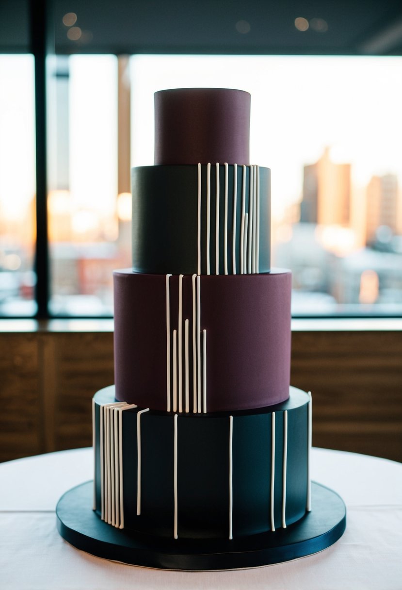 A modern geometric wedding cake in maroon and black, adorned with sleek lines and bold patterns