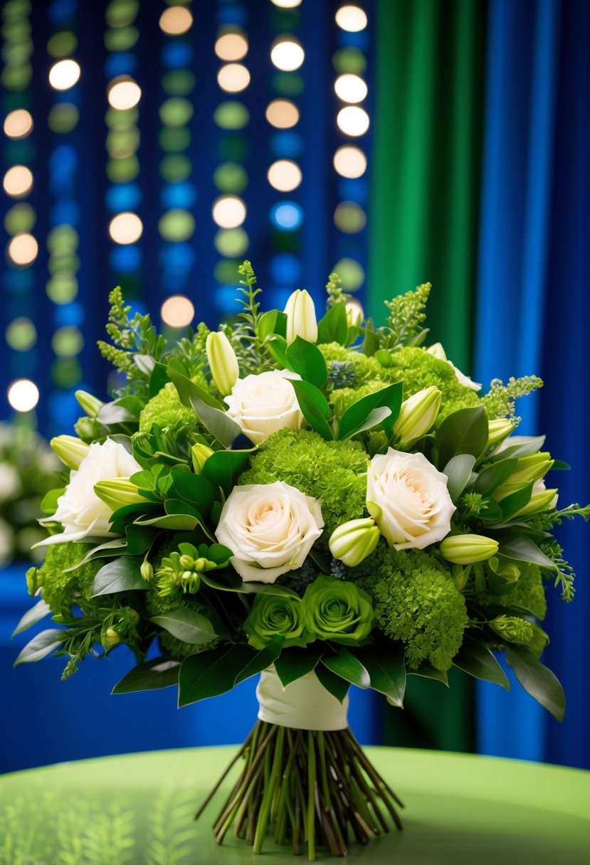 A lush bouquet of hunter green and ivory flowers against a backdrop of royal blue and green decor