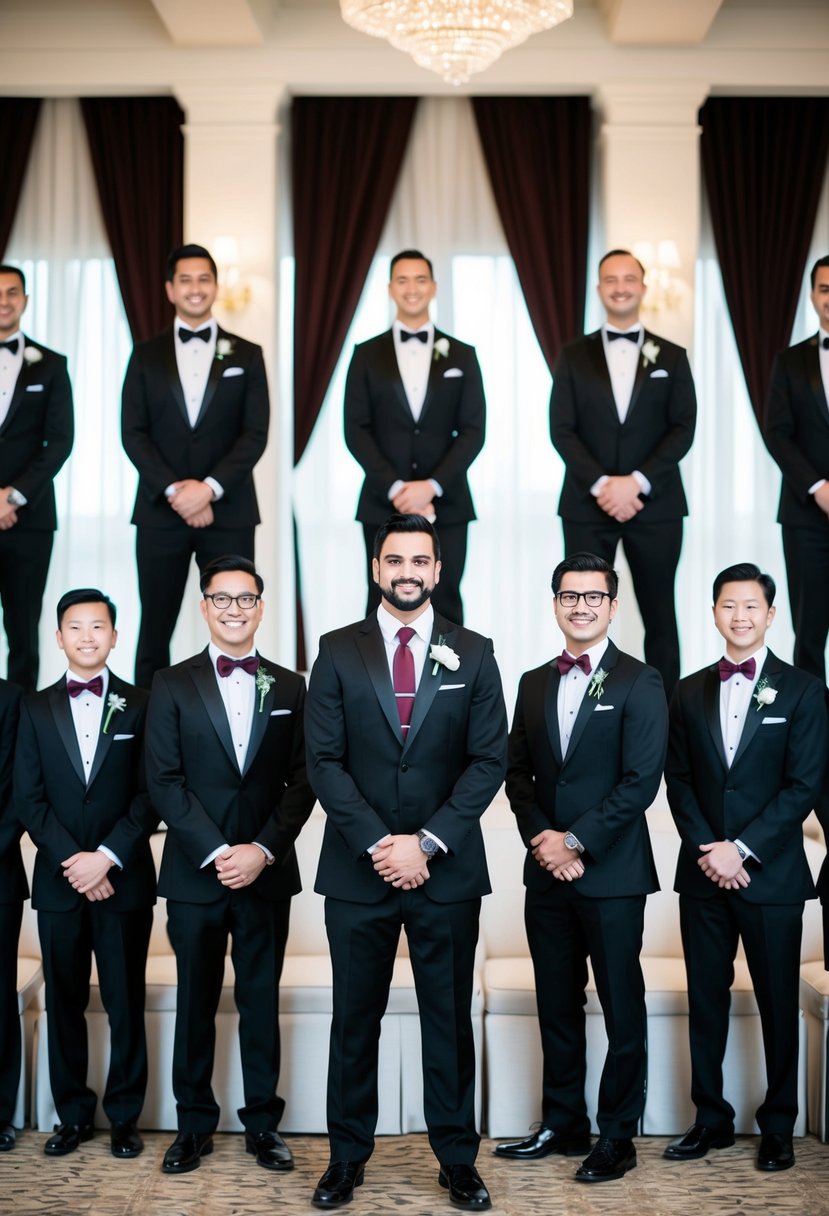 A group of sophisticated black tuxedos with maroon ties arranged in an elegant setting