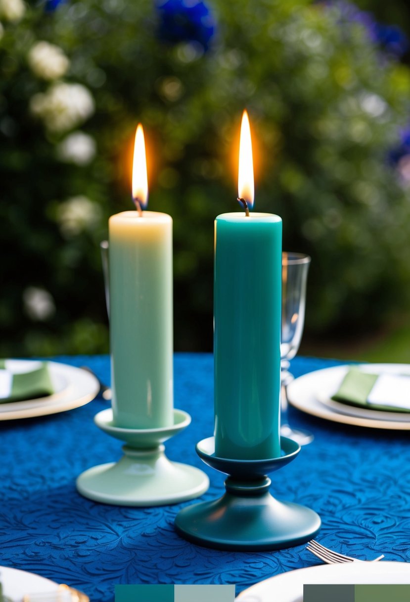 Two elegant candle holders in teal and sage, complementing a royal blue and green wedding color palette