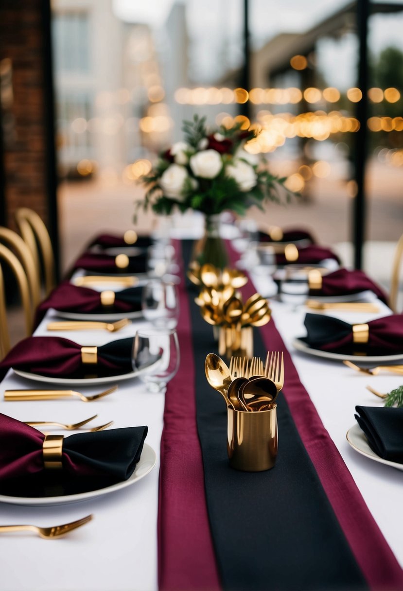 Maroon and black table linens with gold cutlery arranged on a table