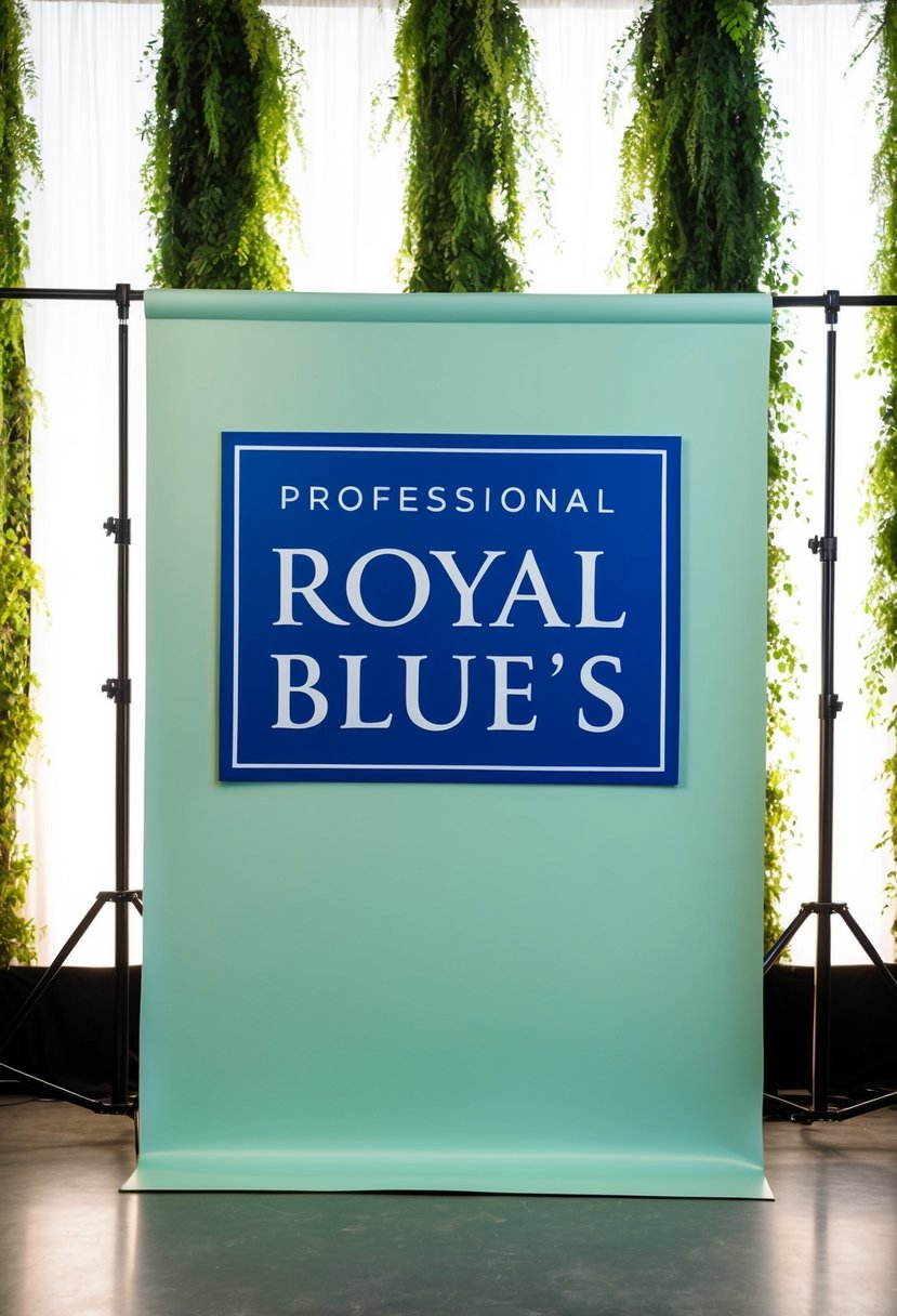 A light sage backdrop with royal blue signage against a backdrop of greenery