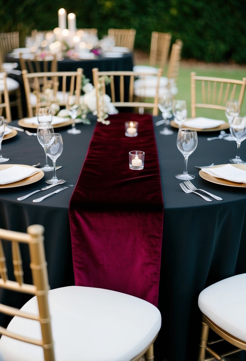 A rich maroon velvet table runner drapes across a black table, set with elegant wedding decor in matching colors