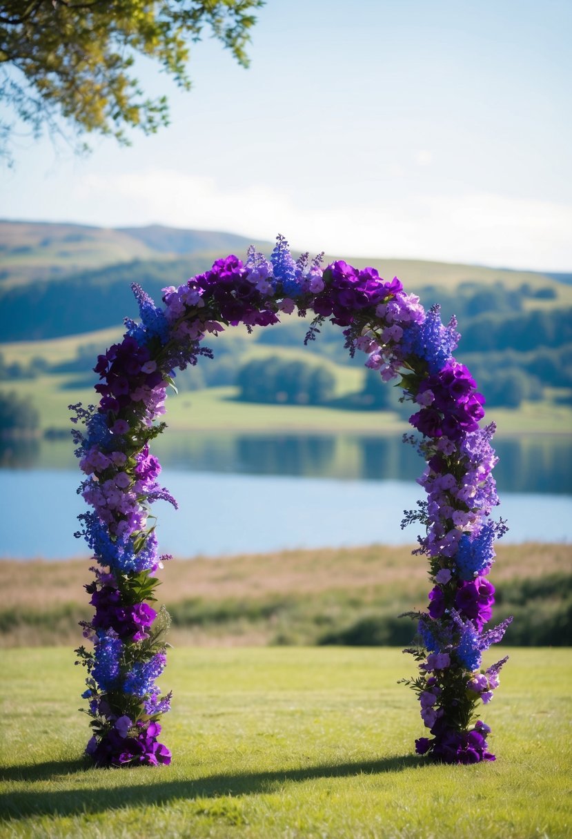 A vibrant floral arch with purple and blue blooms, set against a backdrop of a serene lake and rolling hills