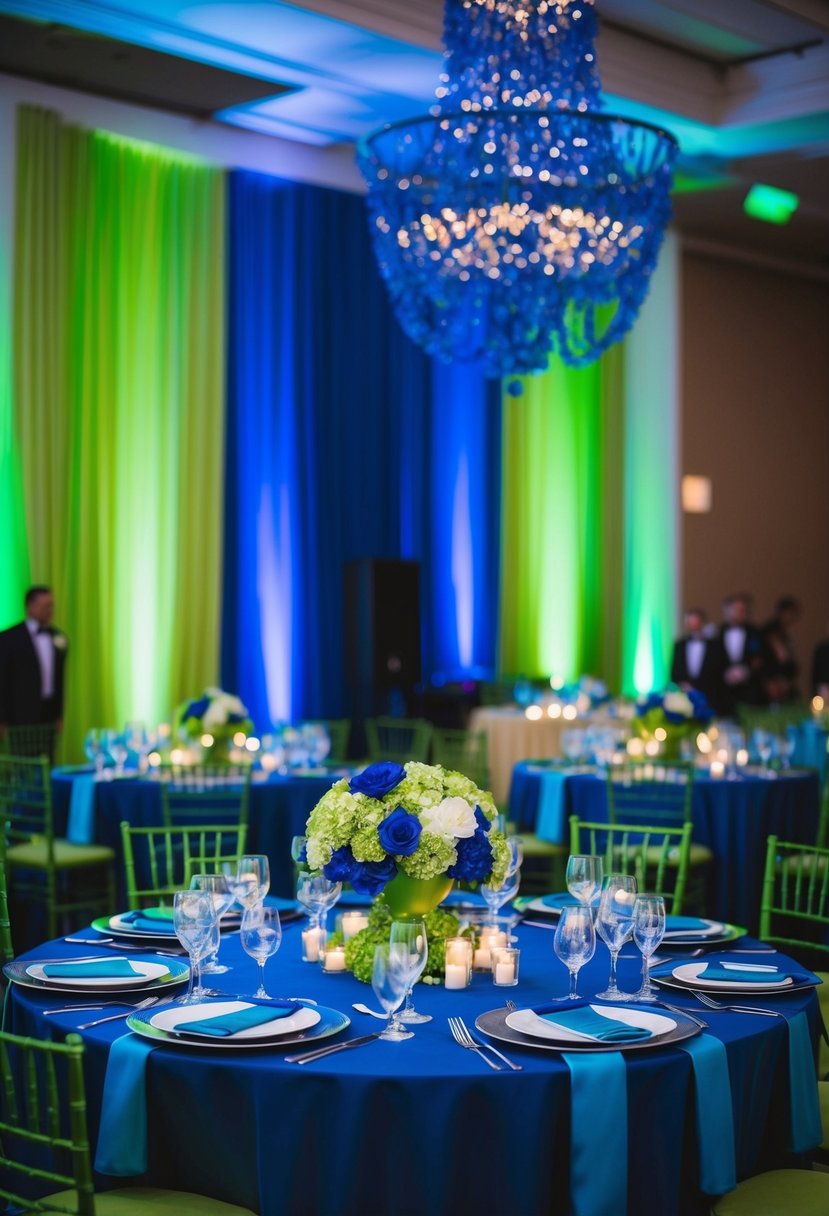 Cobalt blue and lime green lighting cast a regal glow over a wedding reception, with rich blue and green decor creating an elegant and vibrant atmosphere