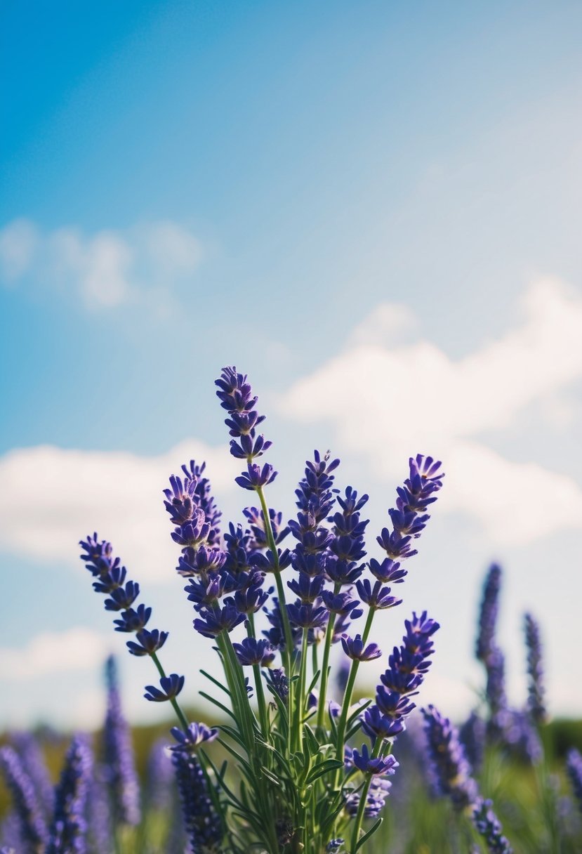 A bouquet of lavender and sky blue flowers against a backdrop of a clear blue sky