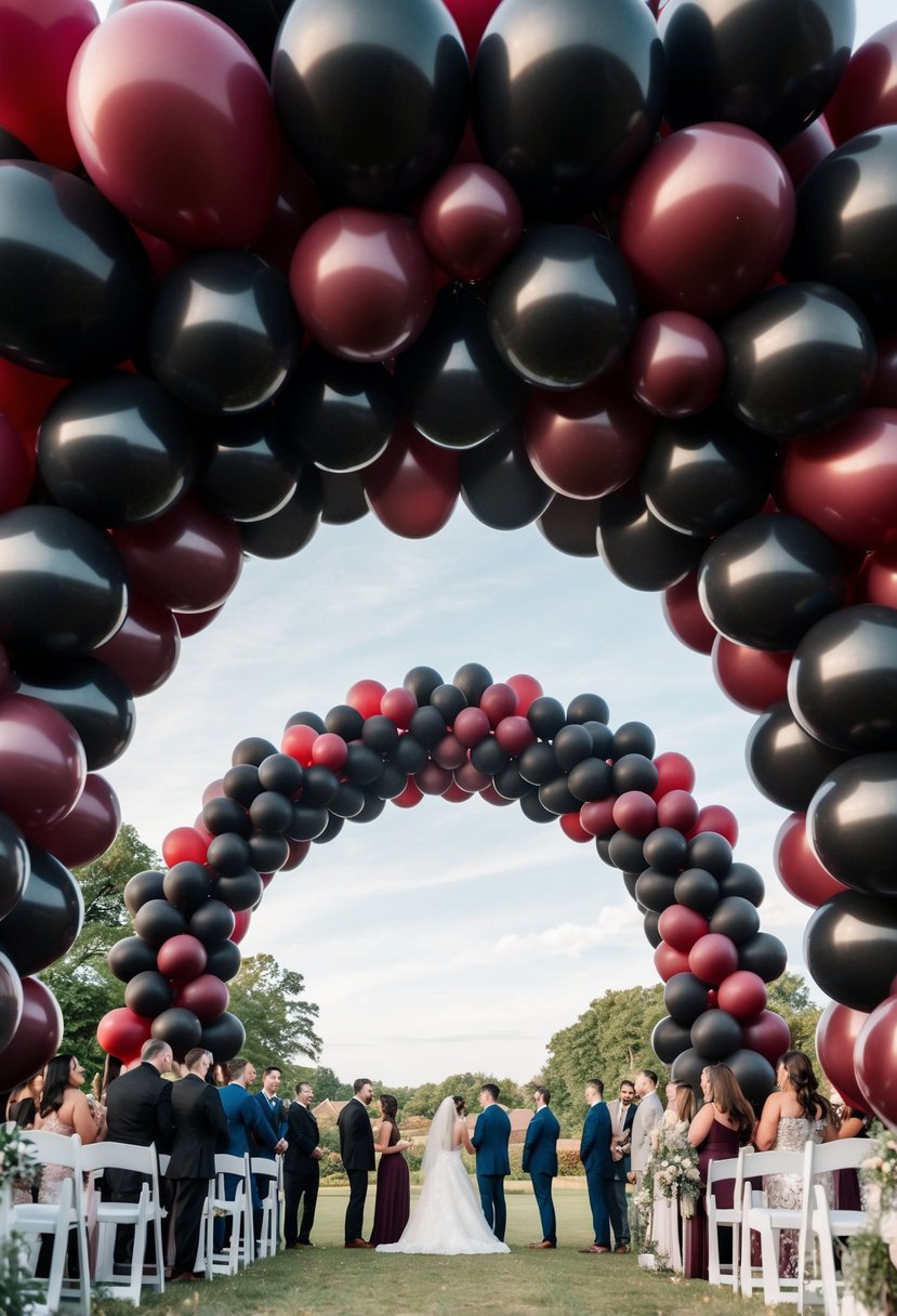 A grand balloon arch in black and maroon frames the entrance for a wedding ceremony