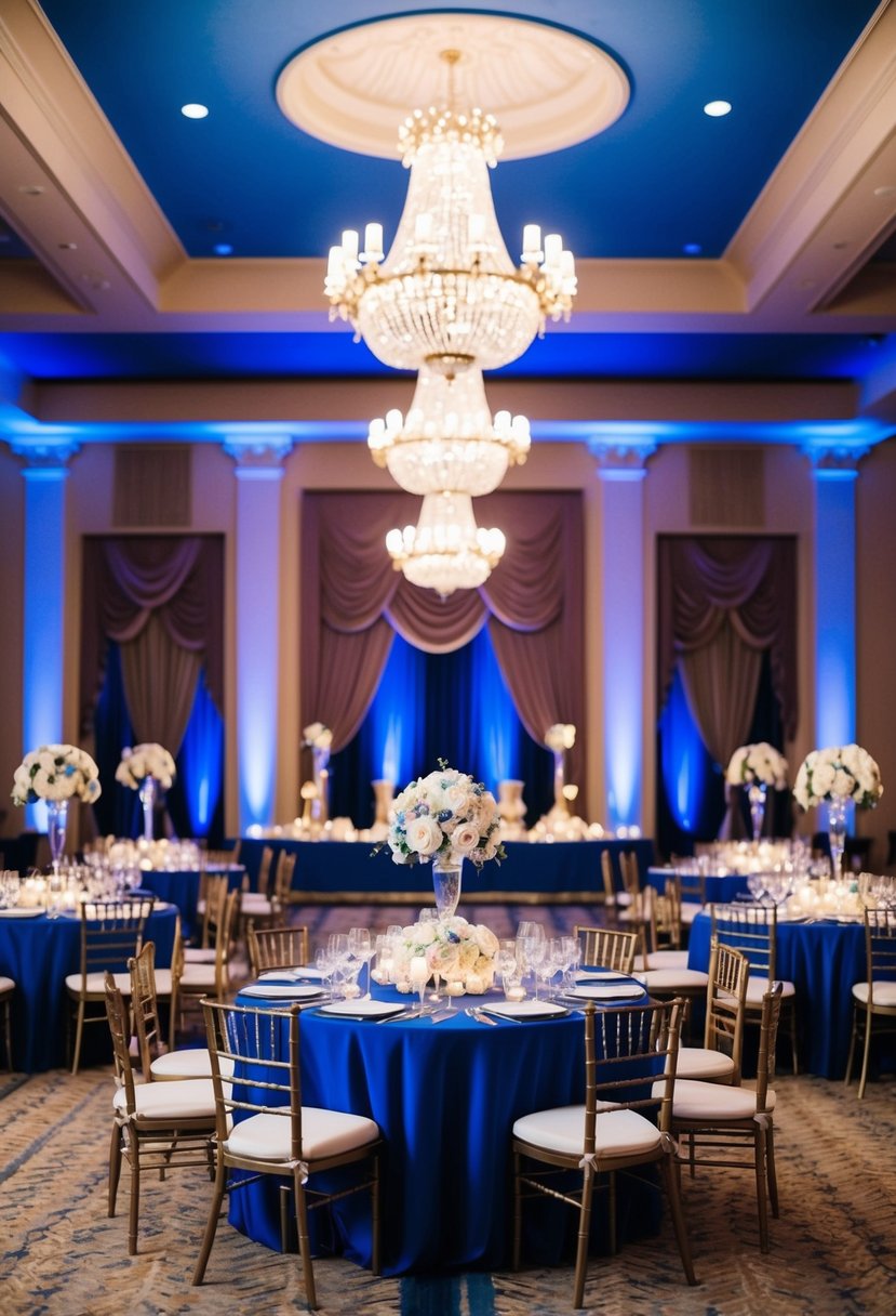 A grand ballroom adorned with royal blue and mauve decor for a regal wedding celebration