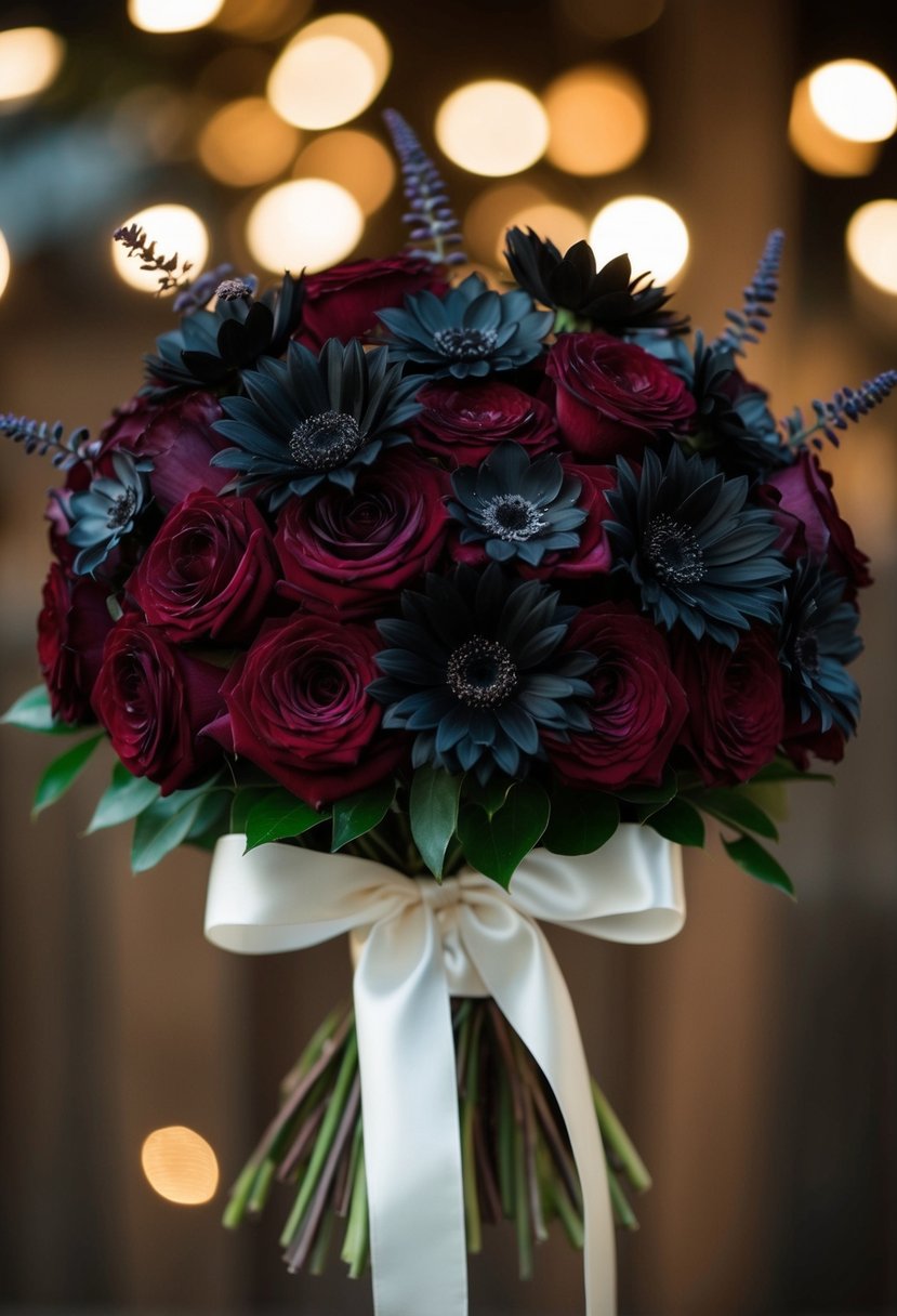 A lush bouquet of deep maroon and black flowers, tied with a satin ribbon