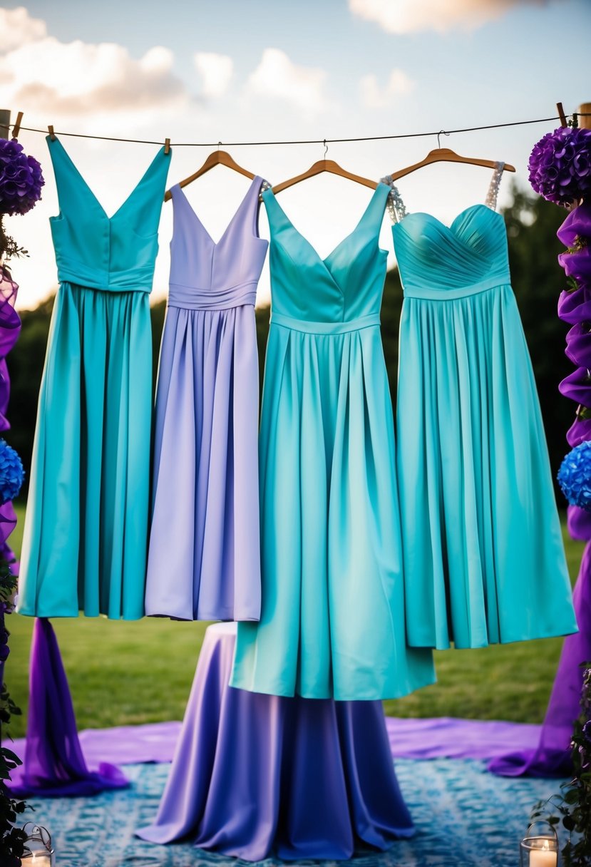 A group of periwinkle bridesmaid dresses hanging on a clothesline, surrounded by purple and blue wedding decor