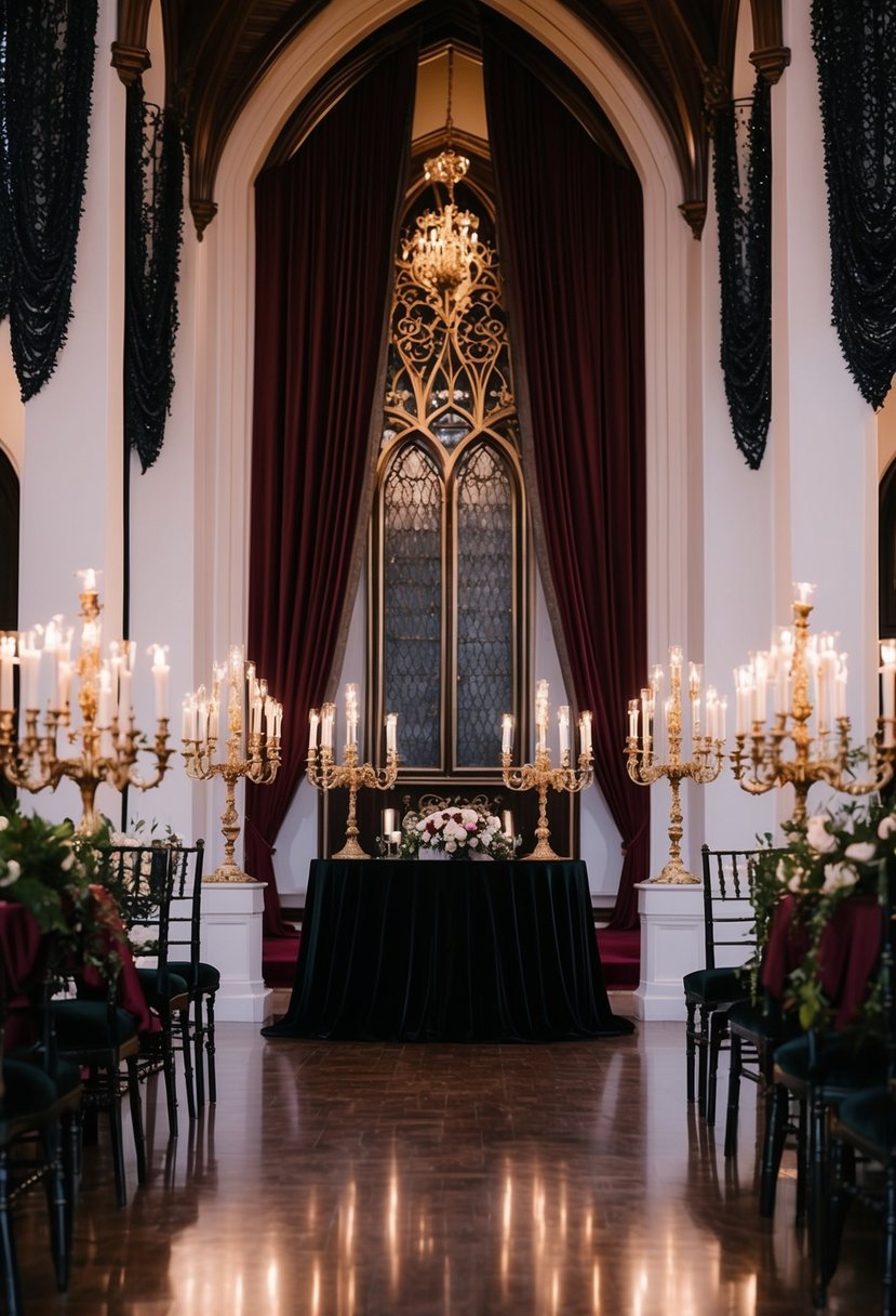 A grand Gothic-style wedding hall adorned with maroon and black decor, including ornate candelabras and velvet drapery