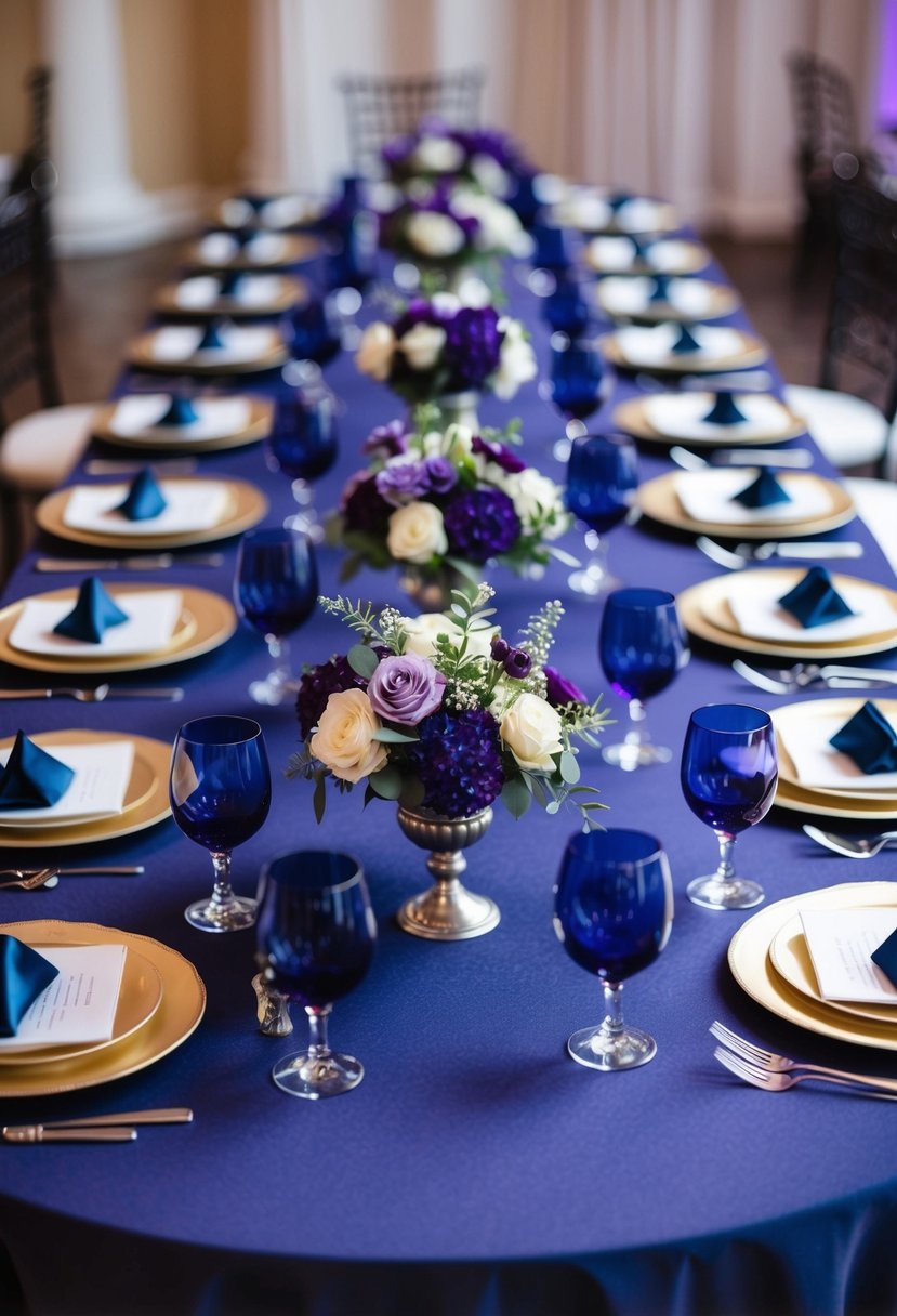 A table adorned with navy blue and amethyst centerpieces, creating a stunning display of purple and blue wedding colors