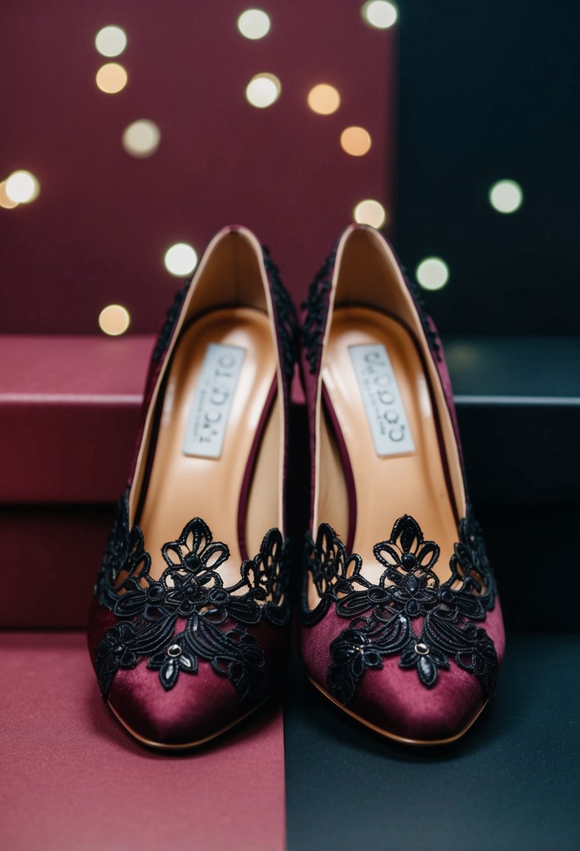 A pair of maroon wedding shoes with intricate black lace detailing placed against a maroon and black color palette