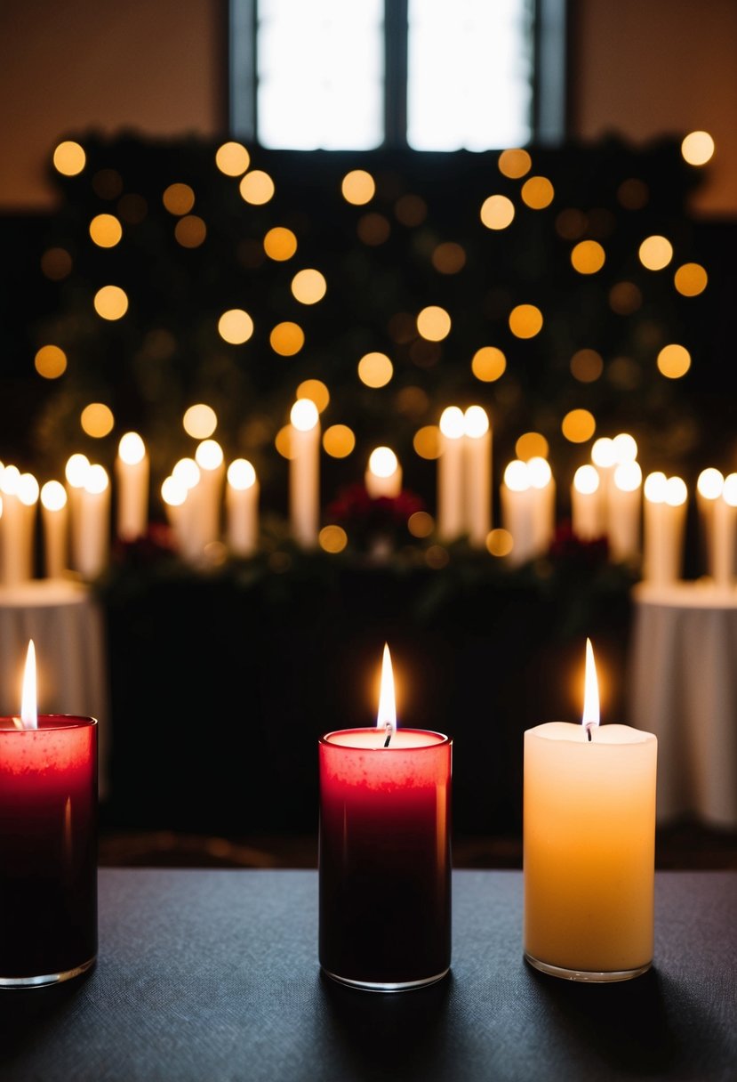 A black and maroon ceremony backdrop adorned with flickering candles