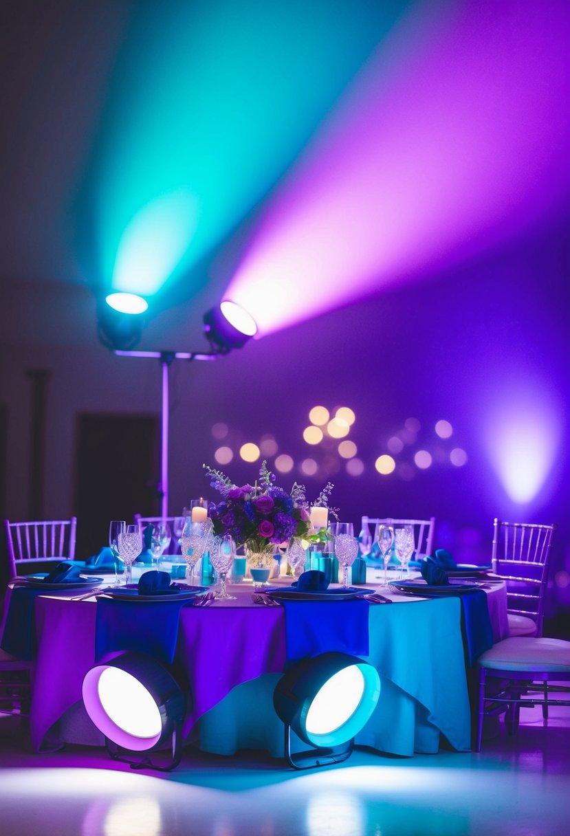 A turquoise and violet spotlight illuminates a wedding table with purple and blue decor, casting a dreamy and romantic atmosphere