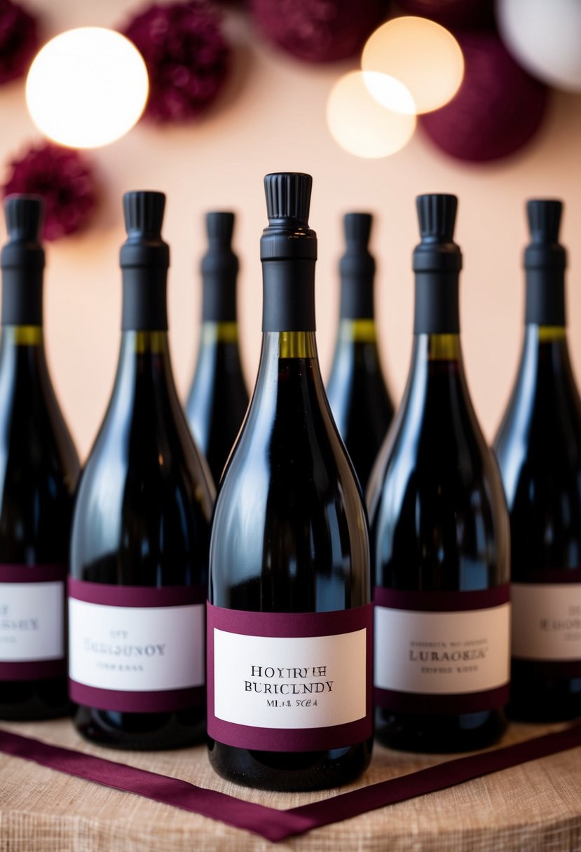 Burgundy wine bottles with custom labels arranged in maroon and black wedding theme