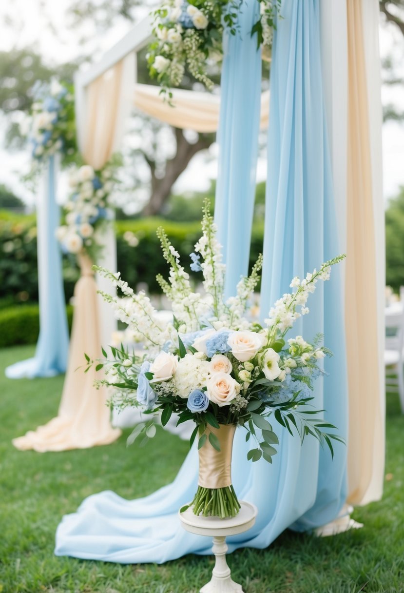 A serene garden wedding with powder blue and champagne accents. Delicate flowers, flowing fabrics, and elegant decor create a romantic and timeless atmosphere