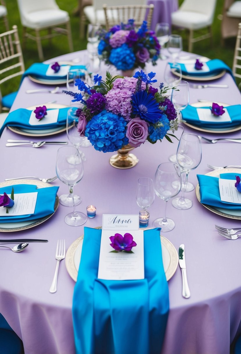 A table set with azure and lilac linens, adorned with purple and blue floral centerpieces for a wedding celebration