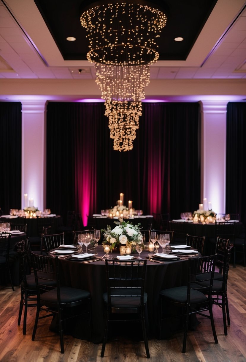 Maroon and black lighting illuminates a stylish reception venue