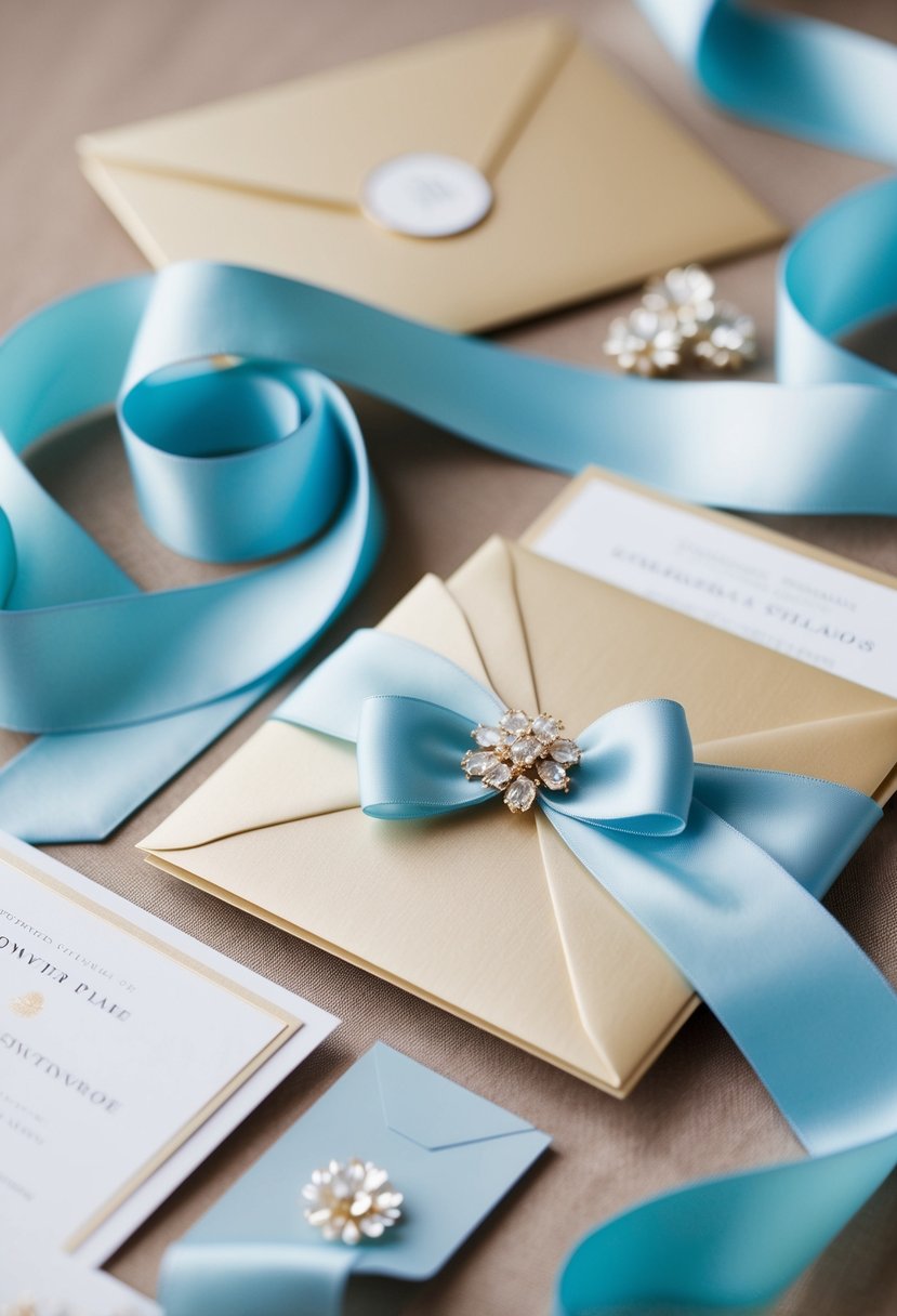 Powder blue ribbons elegantly intertwine with champagne-colored invitations, creating a delicate and sophisticated wedding color palette