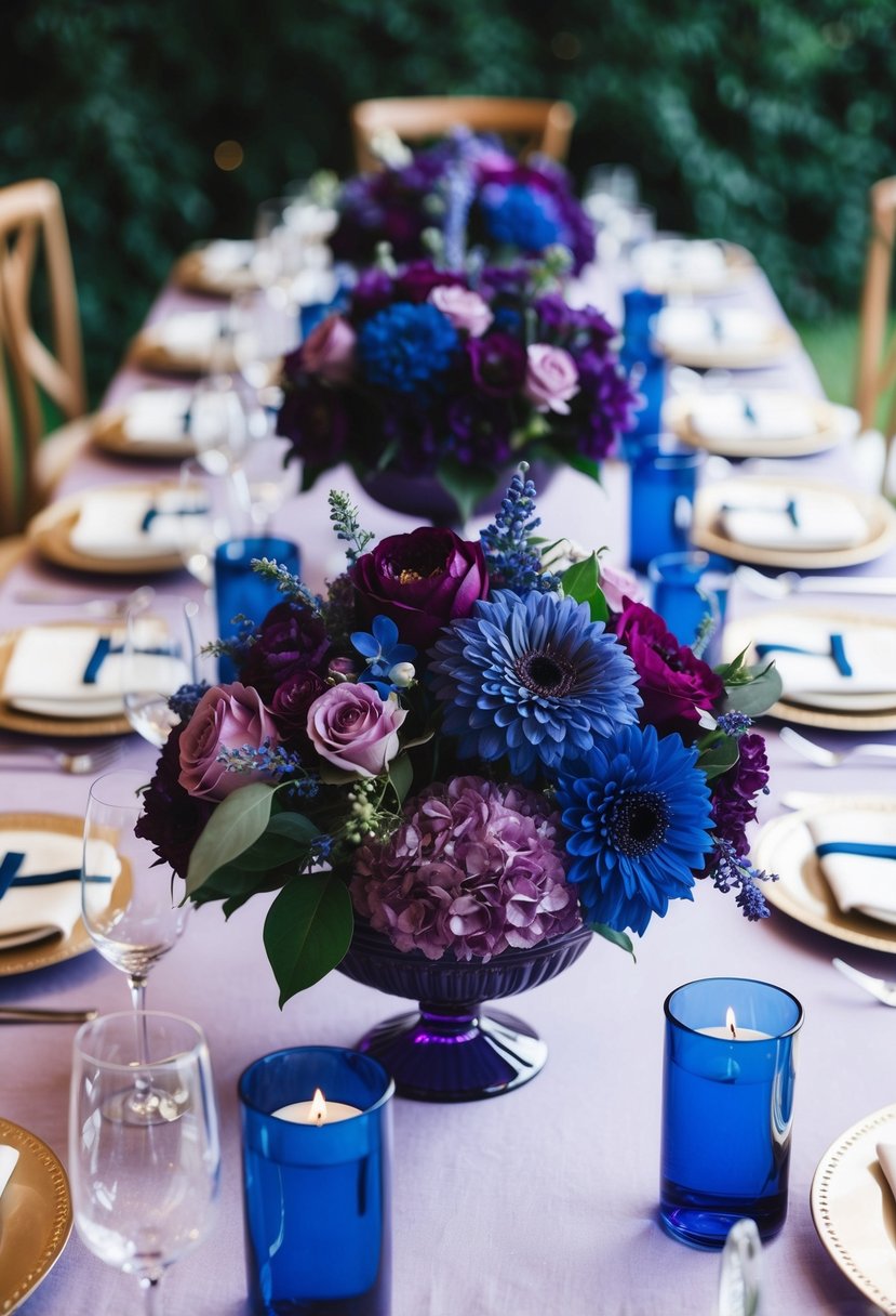 A table adorned with sapphire and plum floral arrangements in shades of purple and blue, creating a stunning wedding color palette