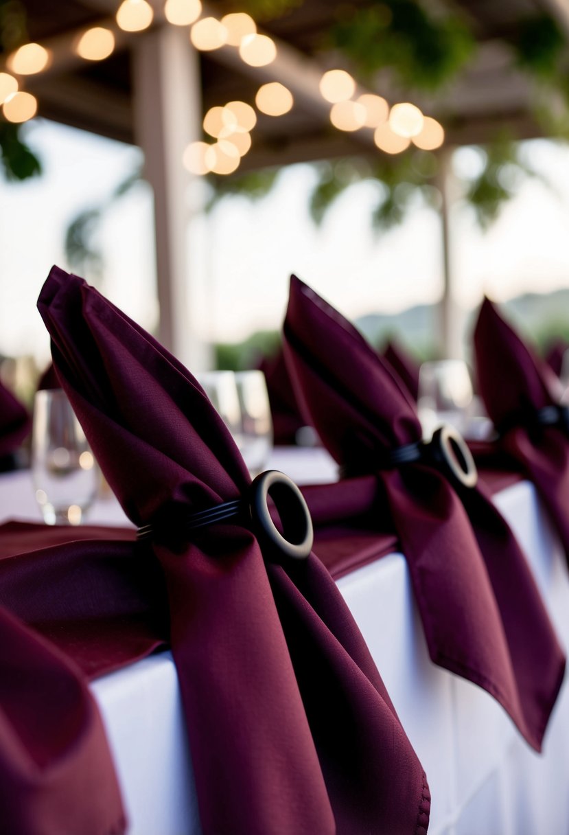 Dark maroon napkins draped over a table, held in place by black ring holders