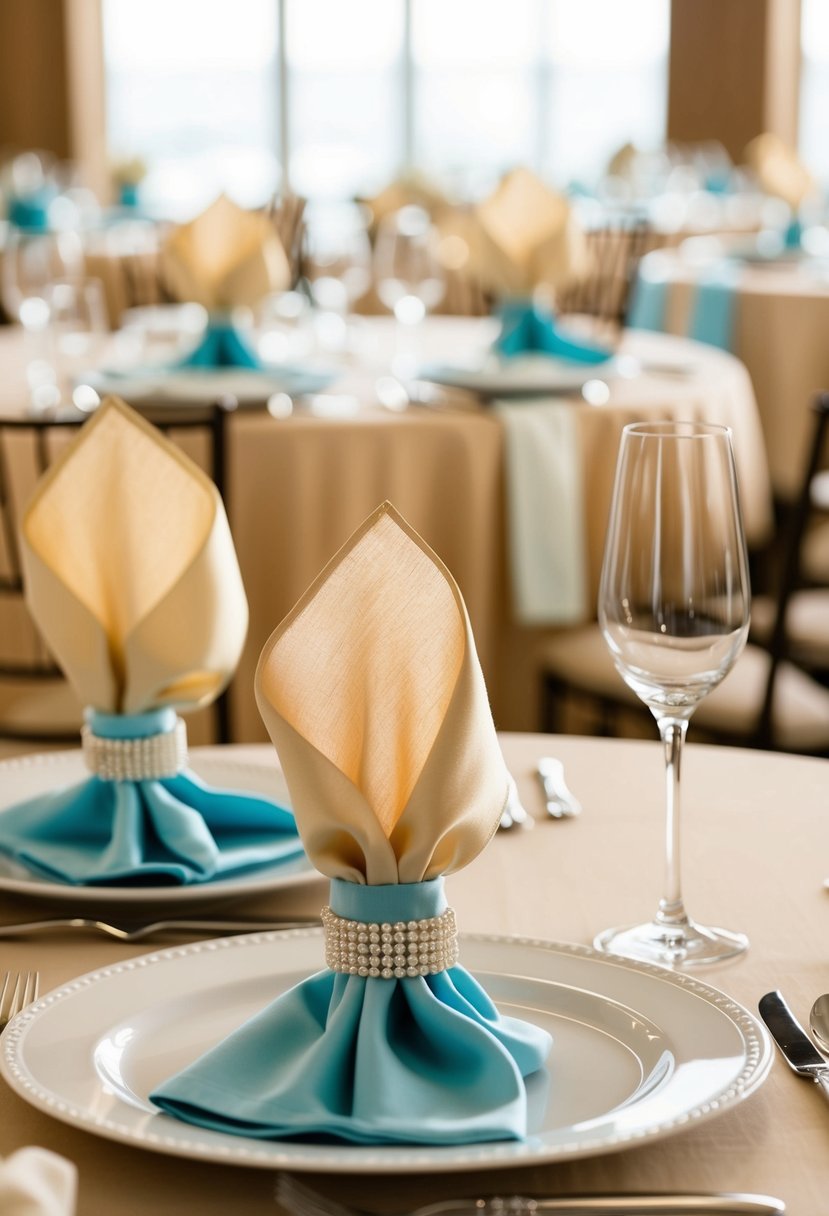 Champagne linens with powder blue napkin rings on a wedding table