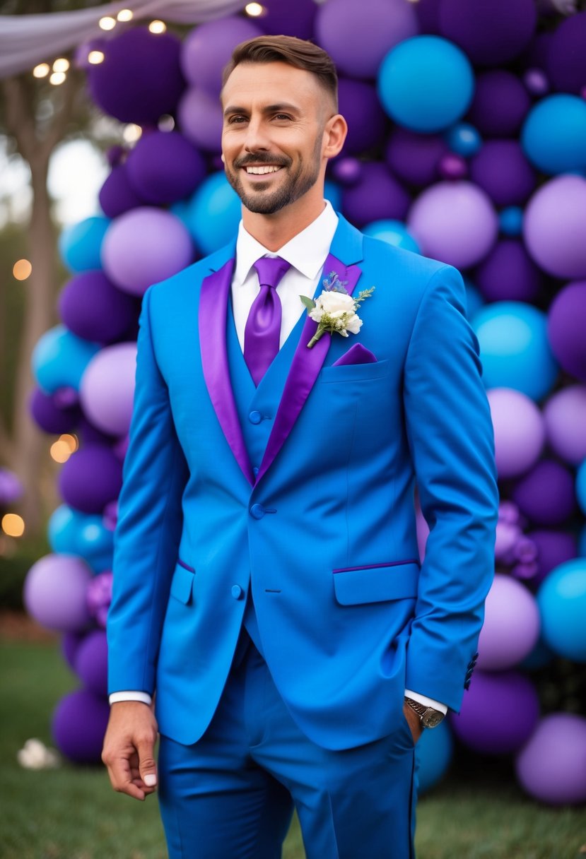 A cobalt blue groom's suit with purple accents against a backdrop of purple and blue wedding decor