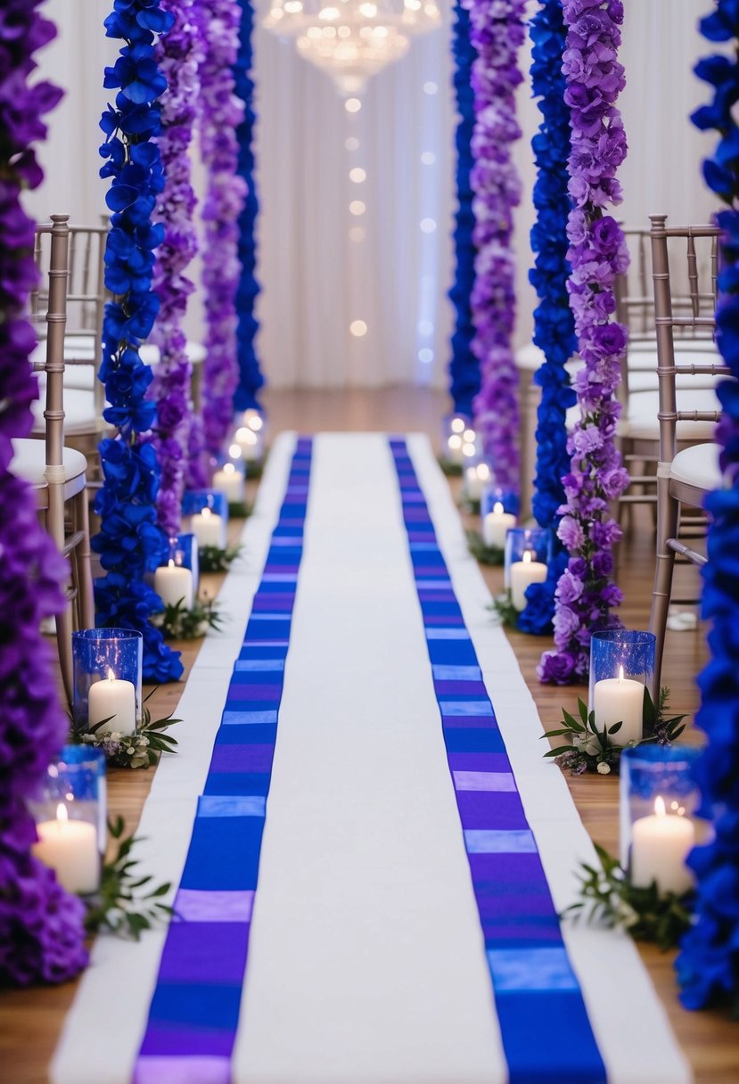 An elegant wedding aisle lined with indigo and lavender runners, creating a stunning display of purple and blue hues