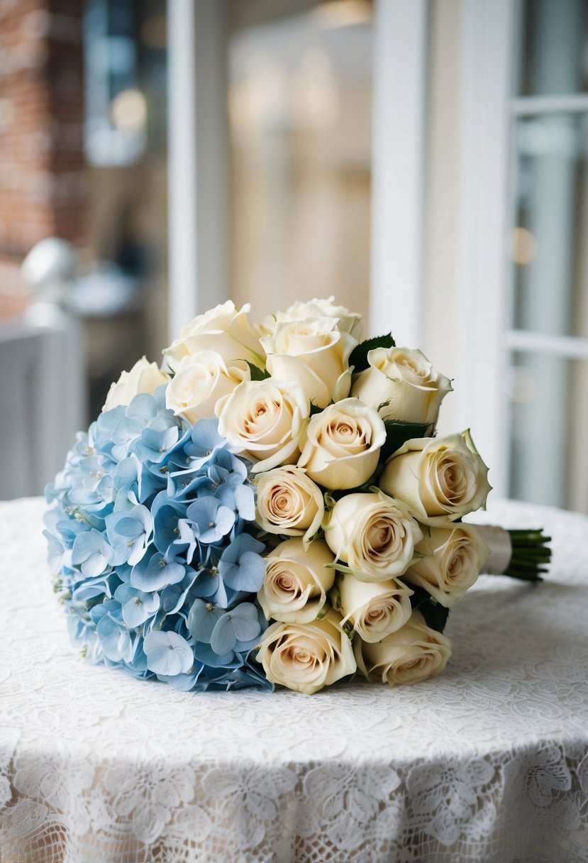 A bridal bouquet of champagne roses and powder blue hydrangeas rests on a lace-covered table