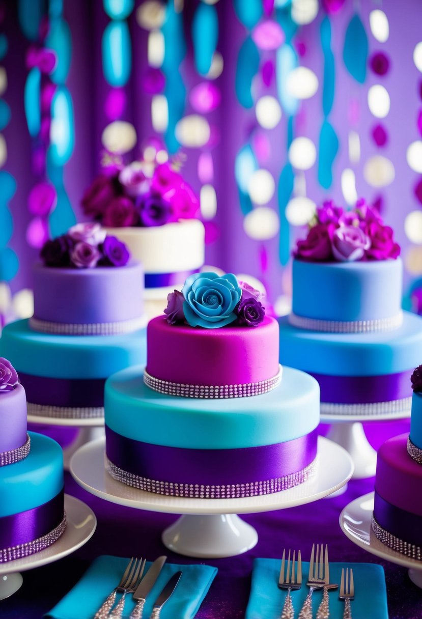 Powder blue and magenta cake decorations arranged in a vibrant display for a purple and blue wedding theme