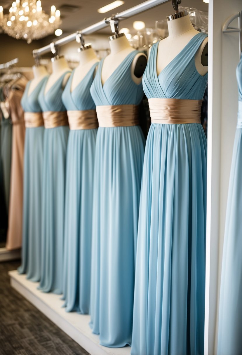 Powder blue bridesmaid dresses with champagne sashes on display in a bridal boutique