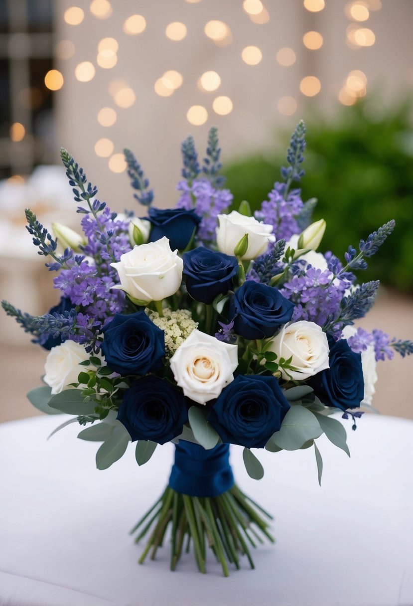 A beautiful bouquet of navy and lavender flowers arranged in a delicate and elegant manner