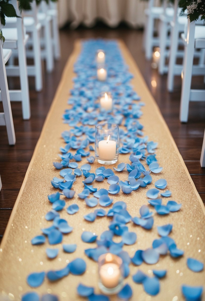 Powder blue petals cover a champagne runner in an aisle