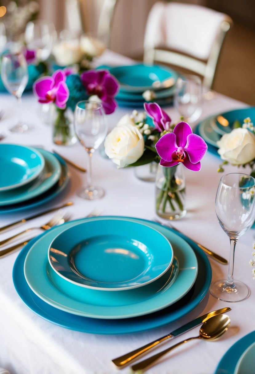 A table set with cerulean and orchid colored plates, napkins, and flowers for a wedding