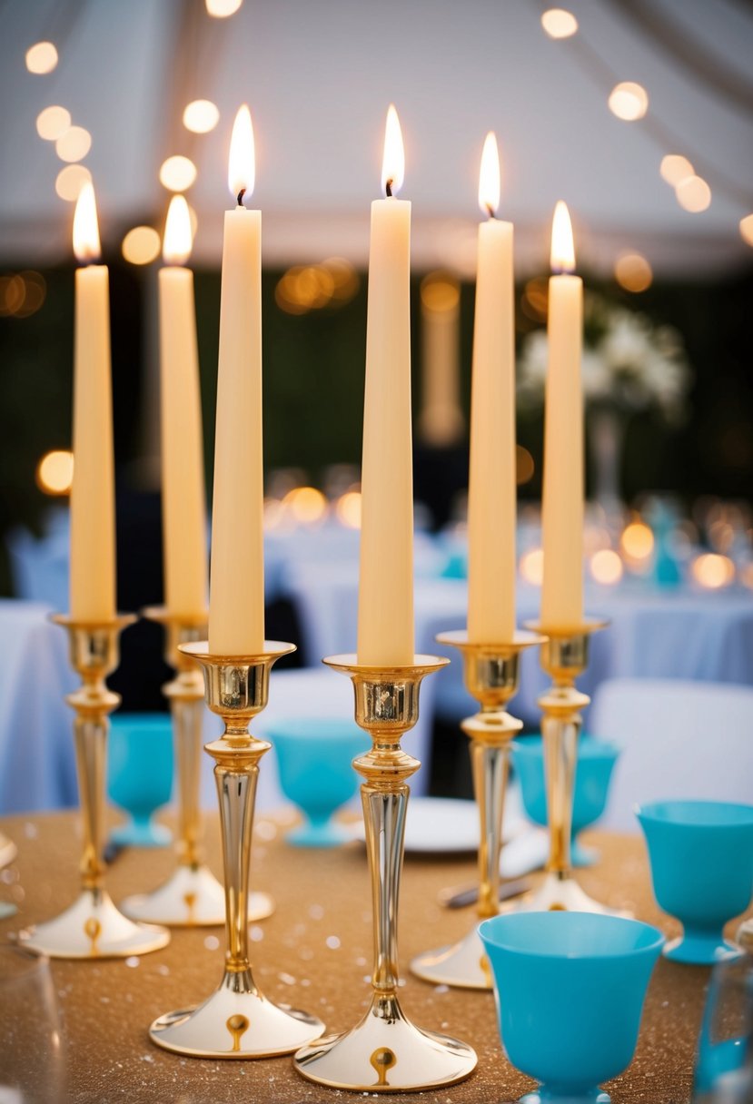 Tall champagne candles and powder blue votives arranged as centerpieces