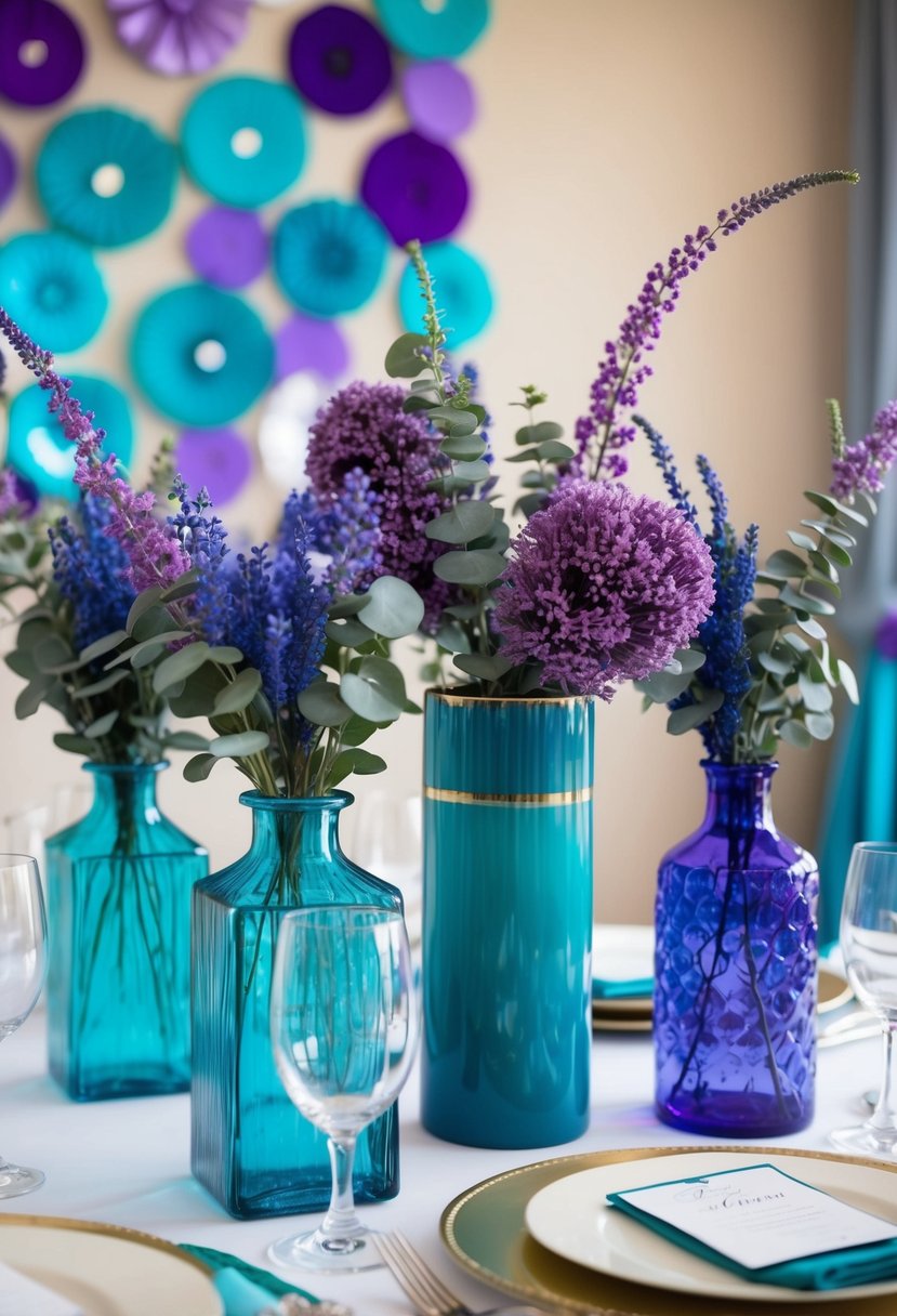 A table adorned with teal and heather vases, showcasing a blend of purple and blue wedding color ideas