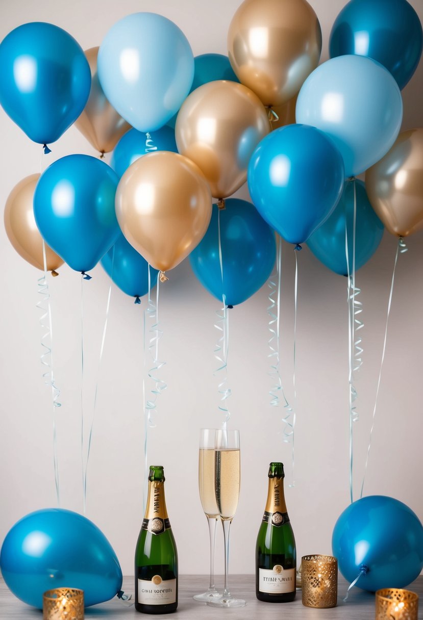 A backdrop of champagne and powder blue balloons for a wedding photo shoot