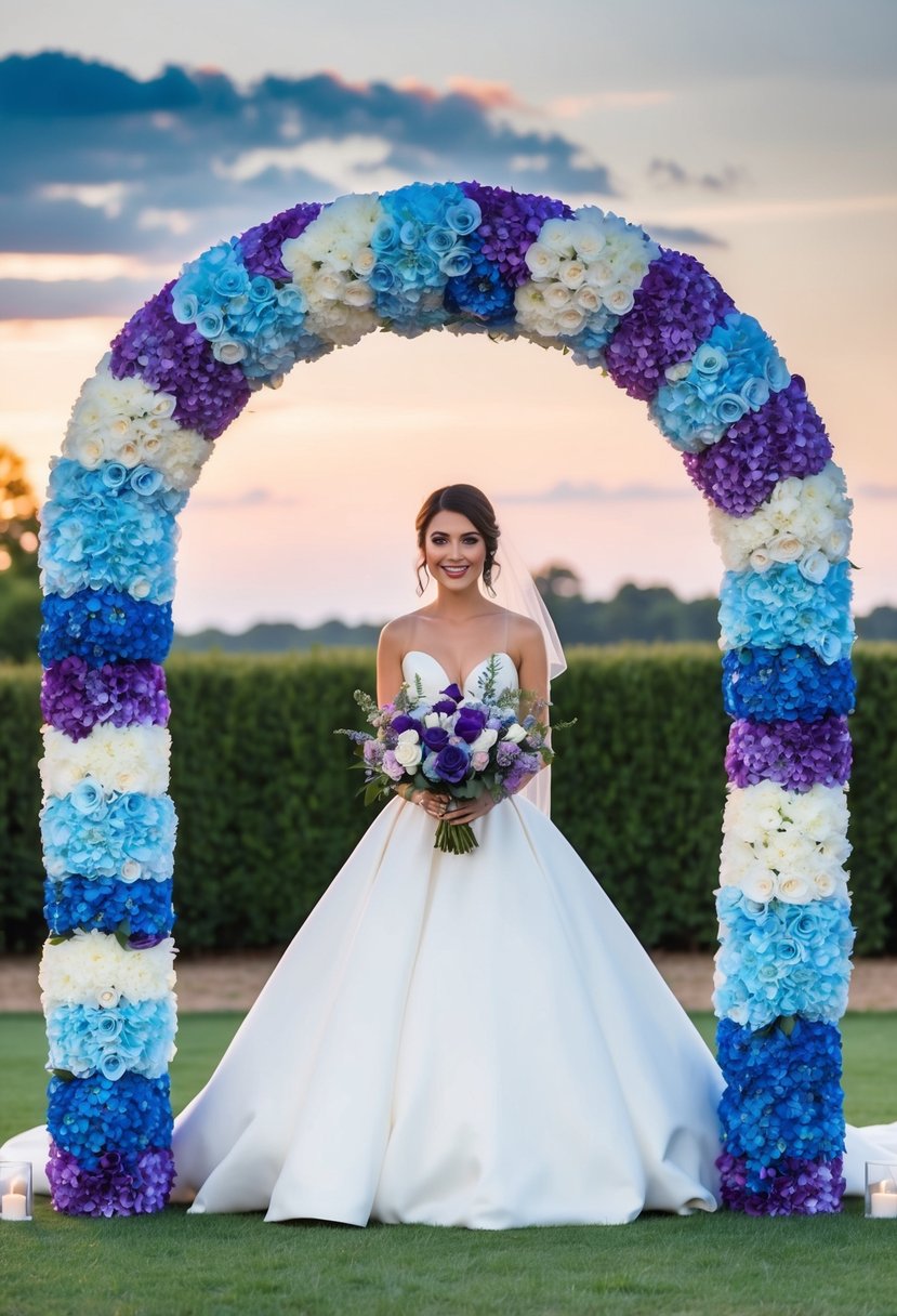 A wedding arch adorned with ombre blue and purple flowers, creating a stunning and romantic backdrop for a wedding ceremony