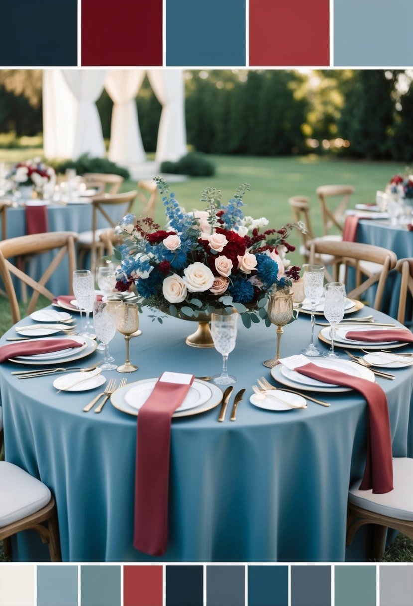 A dusty blue and red wedding color palette with floral arrangements and table settings in an elegant outdoor setting