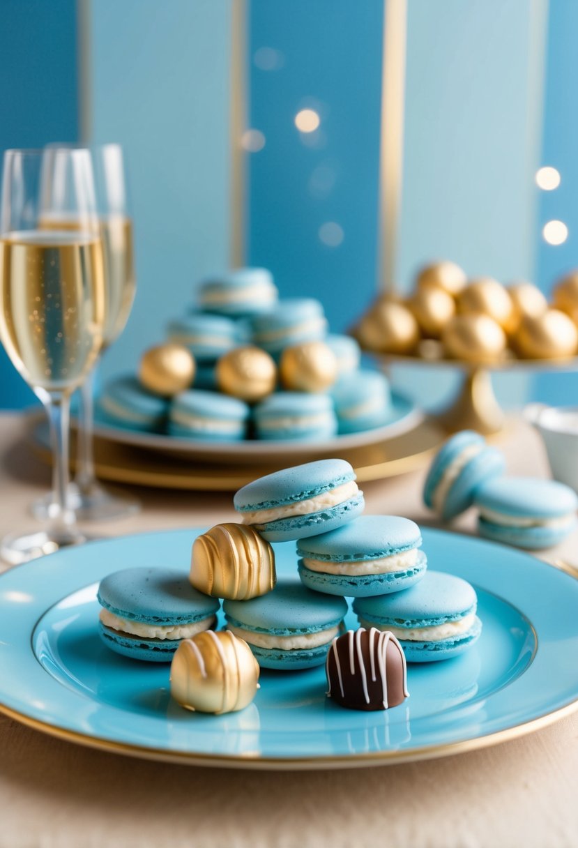 A table adorned with powder blue macarons and champagne truffles, set against a backdrop of soft blue and champagne accents