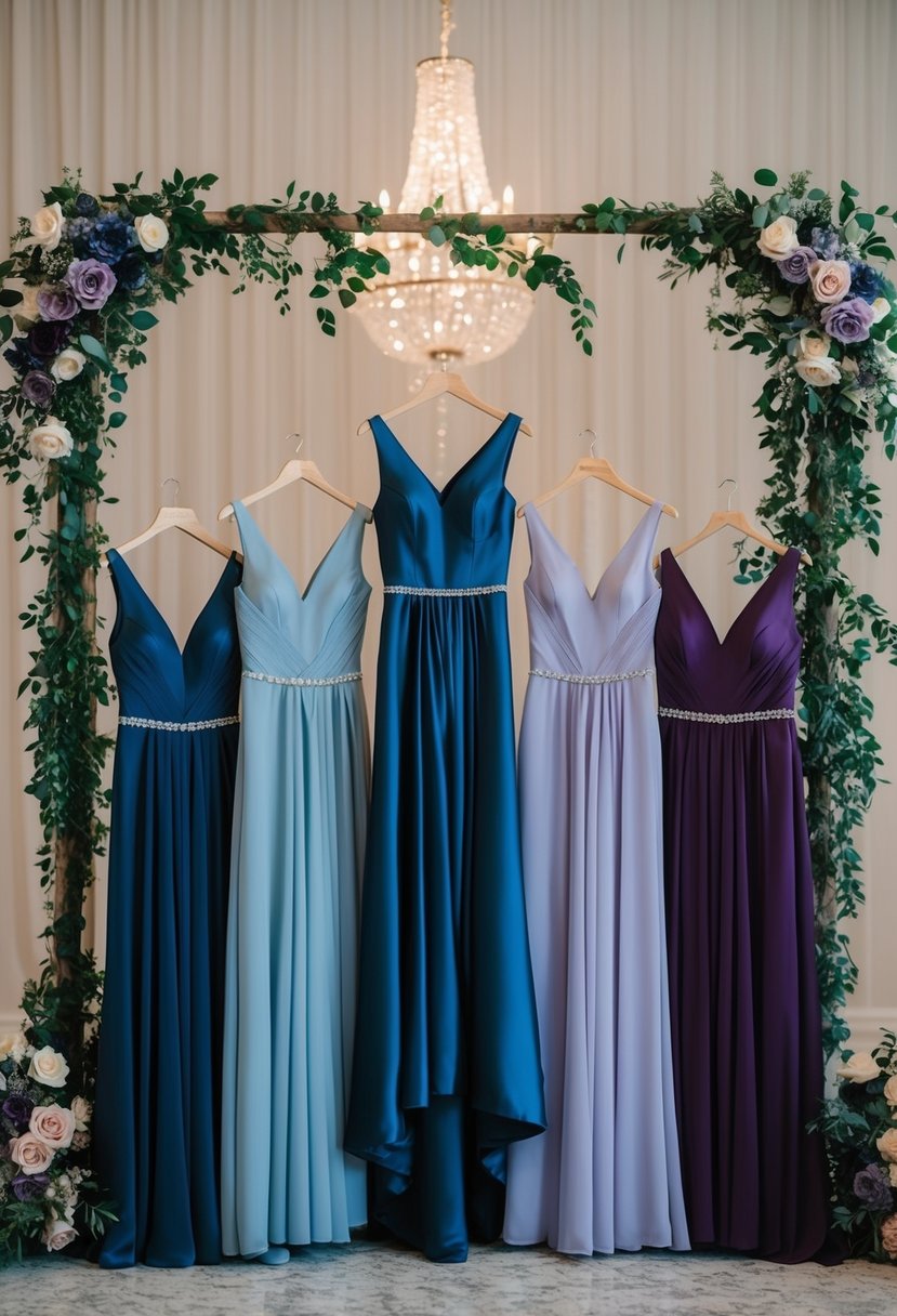 Slate blue and grape-colored gowns arranged in a wedding setting with floral decor and elegant lighting