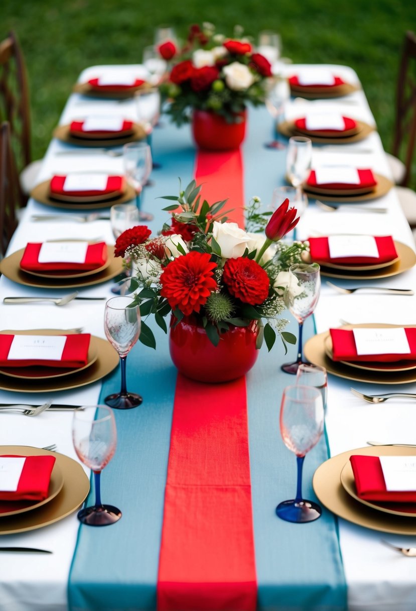 Dusty blue table runners with vibrant red centerpieces create a striking wedding color palette