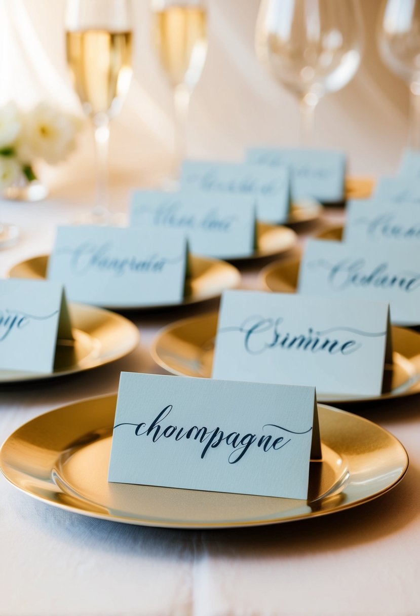 Powder blue calligraphy on champagne place cards against a soft, elegant backdrop