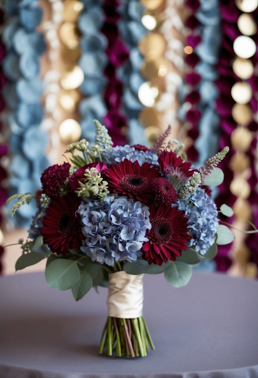 A bridal bouquet featuring burgundy and dusty blue flowers, set against a backdrop of coordinating wedding decor in the same color scheme