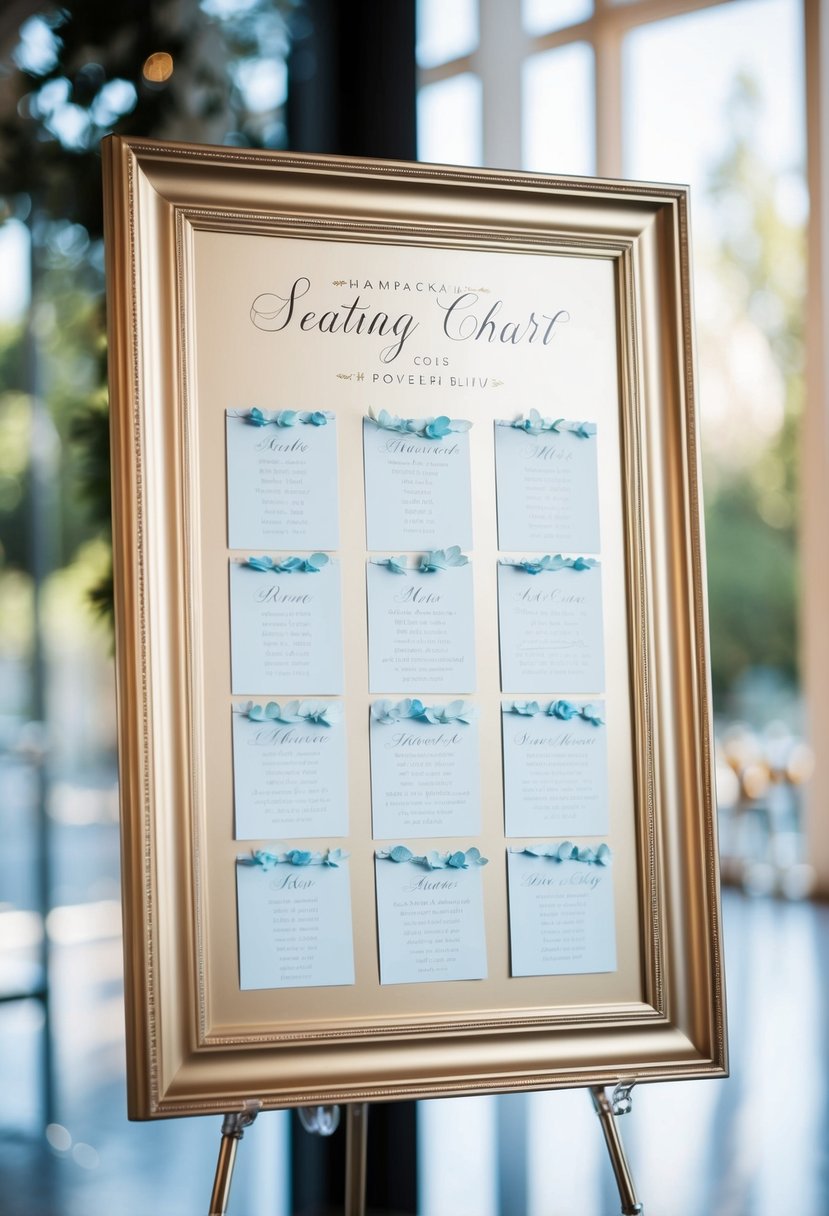 Champagne-framed seating chart with powder blue details