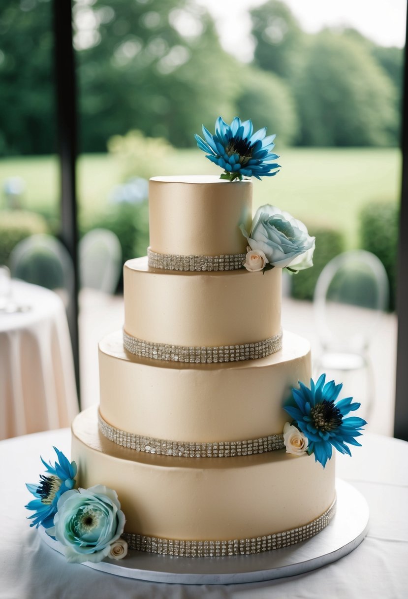 A wedding cake with champagne tiers and powder blue floral accents