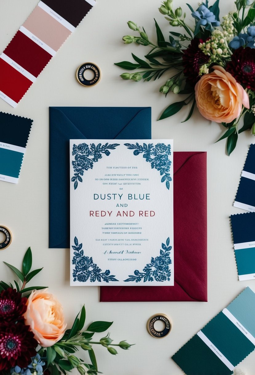 A dusty blue and red wedding invitation surrounded by matching color swatches and floral arrangements